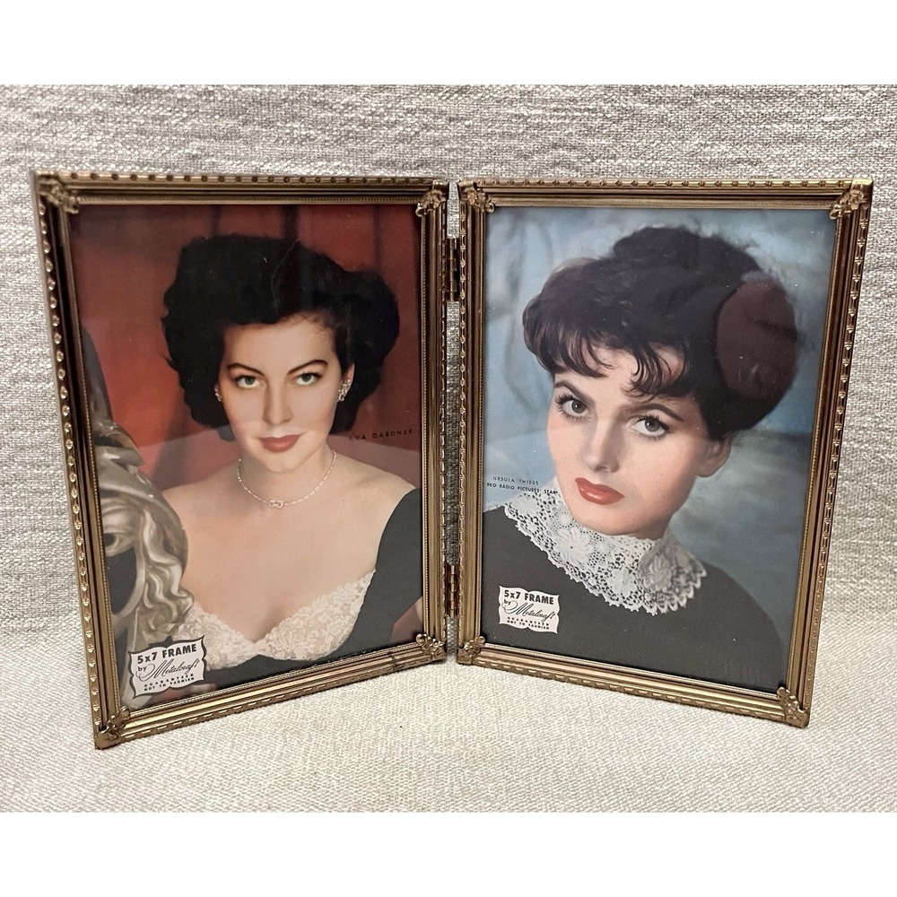 Vintage Metalcraft Gold Tone Double Folding 5x7 Picture Frame Ava Gardner Ursula